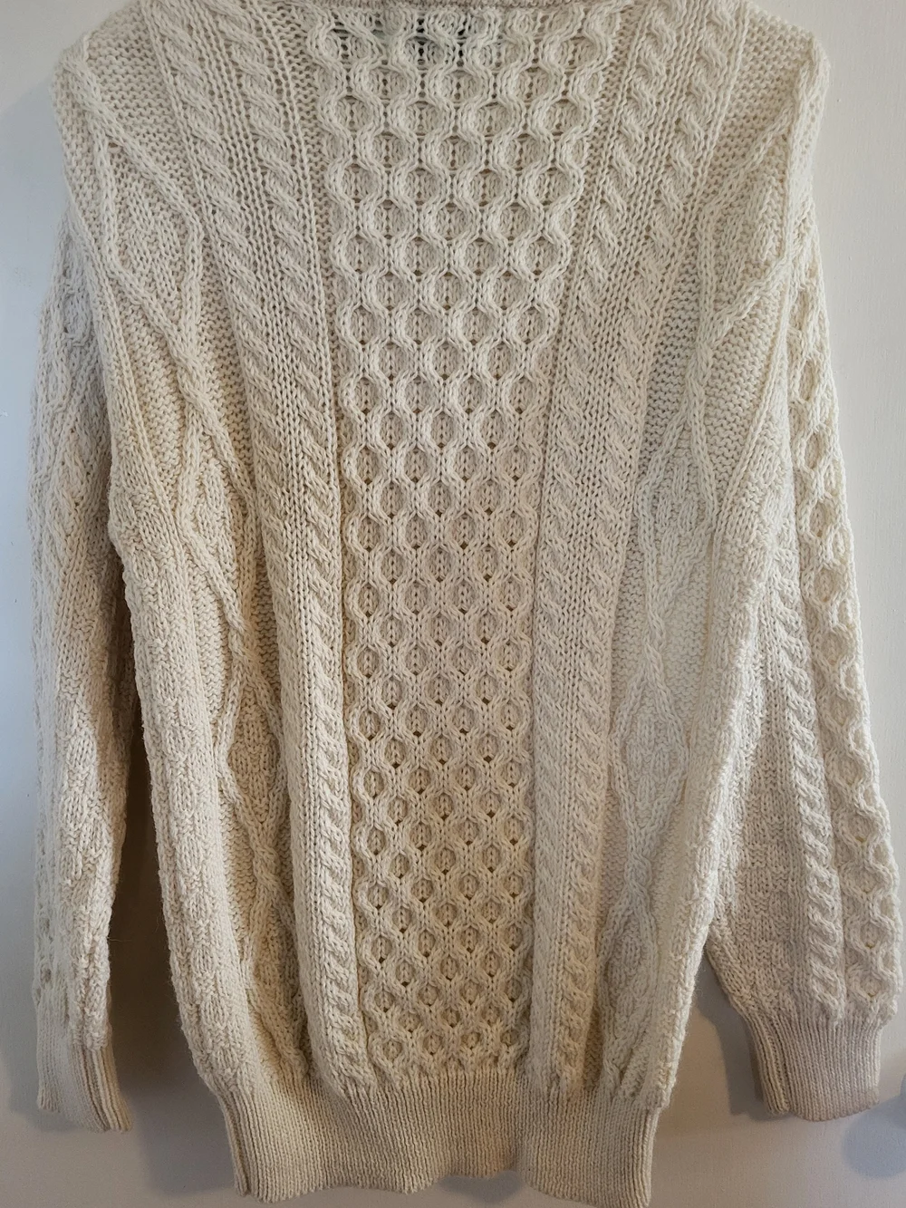 Aran Crafts 100% Wool Fisherman Chunky Cable Knit Crew Neck Sweater Cream Sz XS